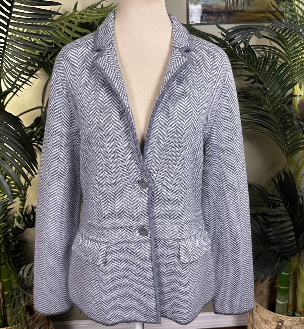 Talbots NEW tags Women M Merino Wool Sweater blazer Jacket Grey Herringbone